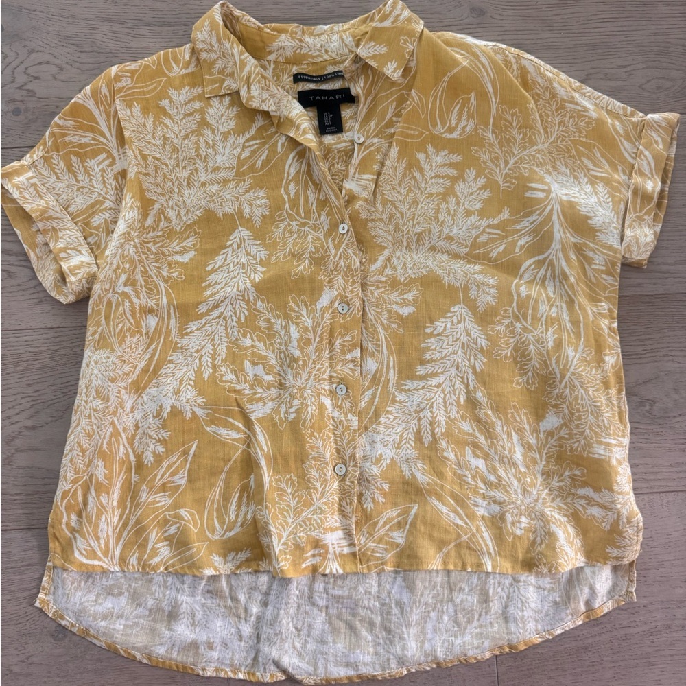 Tahari Womens Essential Yellow Palms Shirt 100% Linen Size S